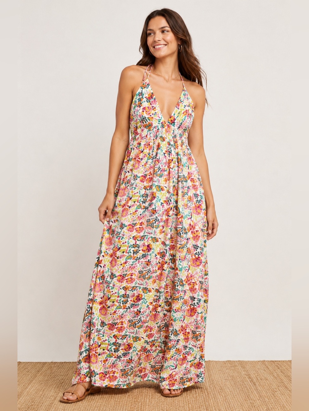 Old Navy Maxi Dress Womens Large Tall Floral Halter Tie Neck Boho Vacation
